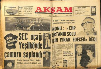 Akşam Gazetesi 16 Kasım 1965 - SEC Uçağı Yeşilköyde Çamura Saplandı GZ97849 - 1