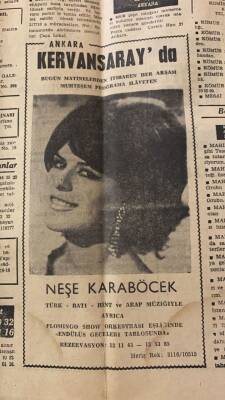 Akşam Gazetesi 16 Kasım 1966 - Ankara Kervansaray Gazinosu Neşe Karaböcek Reklamı GZ92893 - 2
