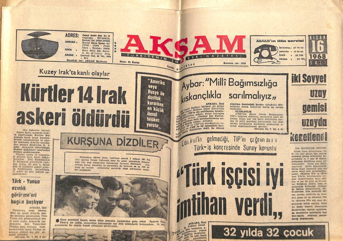 Akşam Gazetesi 16 Nisan 1968 - İki Sovyet Uzay Gemisi Uzayda Kenetlendi - Kürtler 14 Irak Askeri Öldürdü GZ143290 - 1