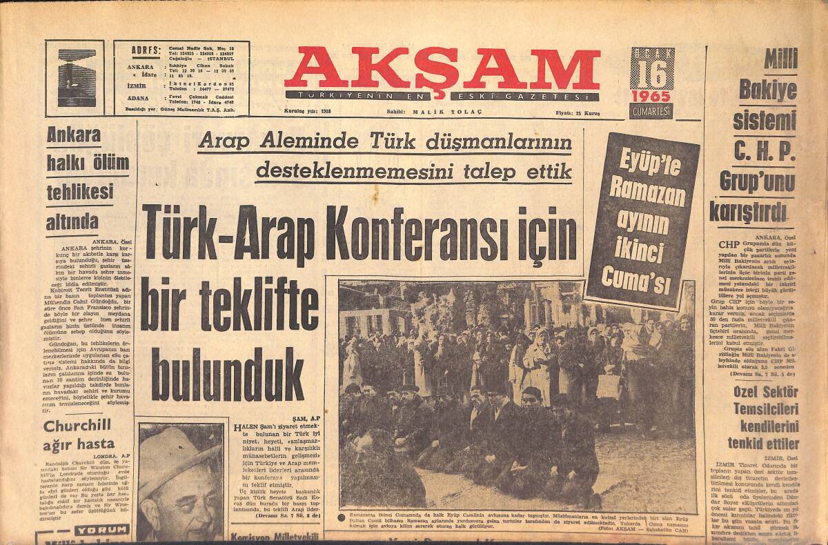 Akşam Gazetesi 16 Ocak 1965 - Türk-Arap Konferansı İçin Bir Teklifte Bulunduk! - Müzikli Filmler Yıldızı Jeannette MacDonald Dün Öldü! GZ146115 - 1
