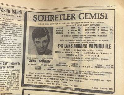 Akşam Gazetesi 17 Eylül 1965 - Şöhretler Gemisi Zeki Müren Reklamı GZ92928 - 2