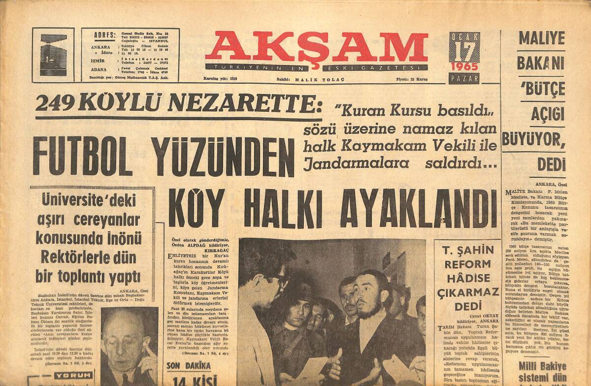 Akşam Gazetesi 17 Ocak 1965 - Futbol Yüzünden Köy Halkı Ayaklandı - Yanlış Basılan Turizm Rehberi İmha Edilmiş! GZ145676 - 1