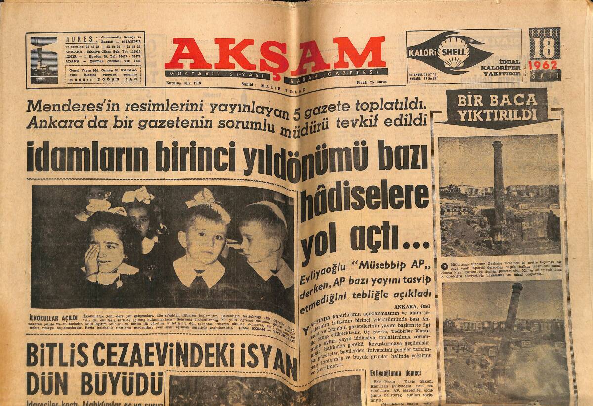 Akşam Gazetesi 18 Eylül 1962 - Bitlis Cezaevinde İsyan Dün Büyüdü - Tokatta Da Bir ''FÜZE'' Denemesi Yapıldı GZ148827 - 1