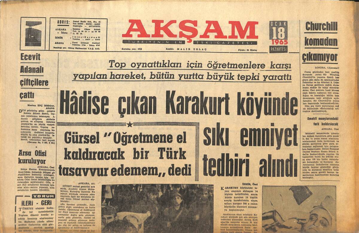Akşam Gazetesi 18 Ocak 1965 - Churchill Komadan Çıkamıyor - Bir Klinik 953'den Beri Tamamlanmadı GZ145380 - 1