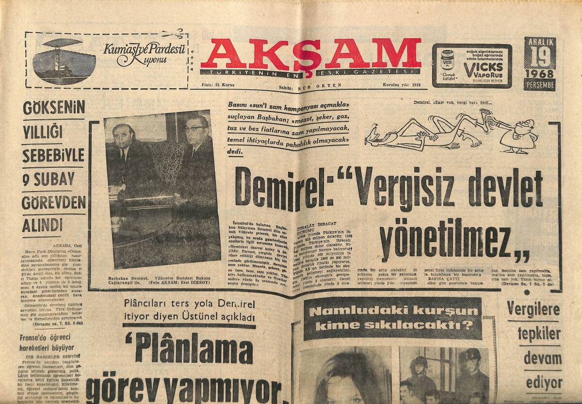 Akşam Gazetesi 19 Aralık 1968 - Demirel: Vergisiz Devlet Yönetilmez - Johnson'un Kızı Lynda Hıçkırarak Ağladı GZ152244 - 1