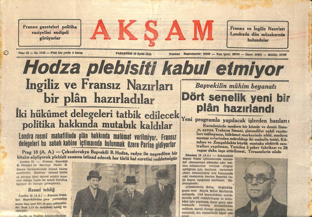 Akşam Gazetesi 19 Eylül 1938 - Hodza Plebisiti Kabul Etmiyor - B.Musolini Çekoslovakyada Bütün Milletler İçin Plebisit İstiyor GZ147656 - 1