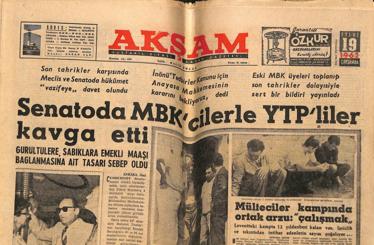 Akşam Gazetesi 19 Eylül 1962 - Senatoda MBK'cilerle YTP'liler Kavga Etti - Kıbrıs'ta Denktaş'a Suikast Yapıldı GZ148718 - 1