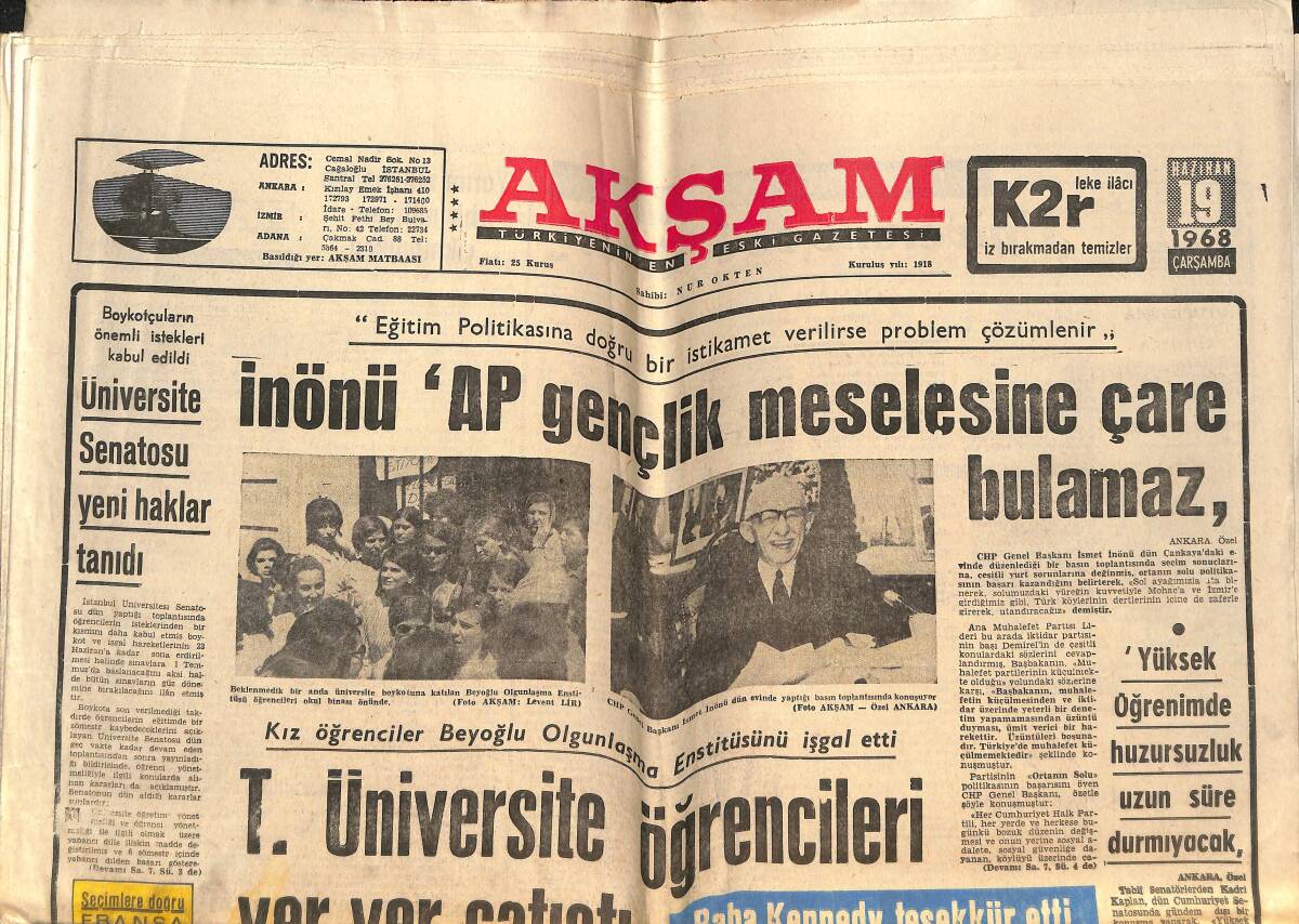 Akşam Gazetesi 19 Haziran 1968 - İnönü 'AP Gençlik Meselesine Çare Bulamaz' - Baba Kennedy Teşekkür Etti! - İzmir Ve Eskişehir'de Boykotlar Sona Erdi! GZ146330 - 1