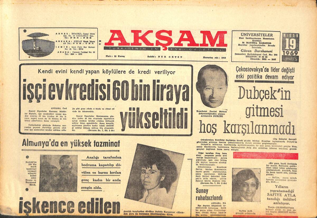 Akşam Gazetesi 19 Nisan 1969 - İşçi Ev Kredisi 60 Bin Liraya Yükseltildi - Demirsporlular Meydan Okuyor! GZ143501 - 1