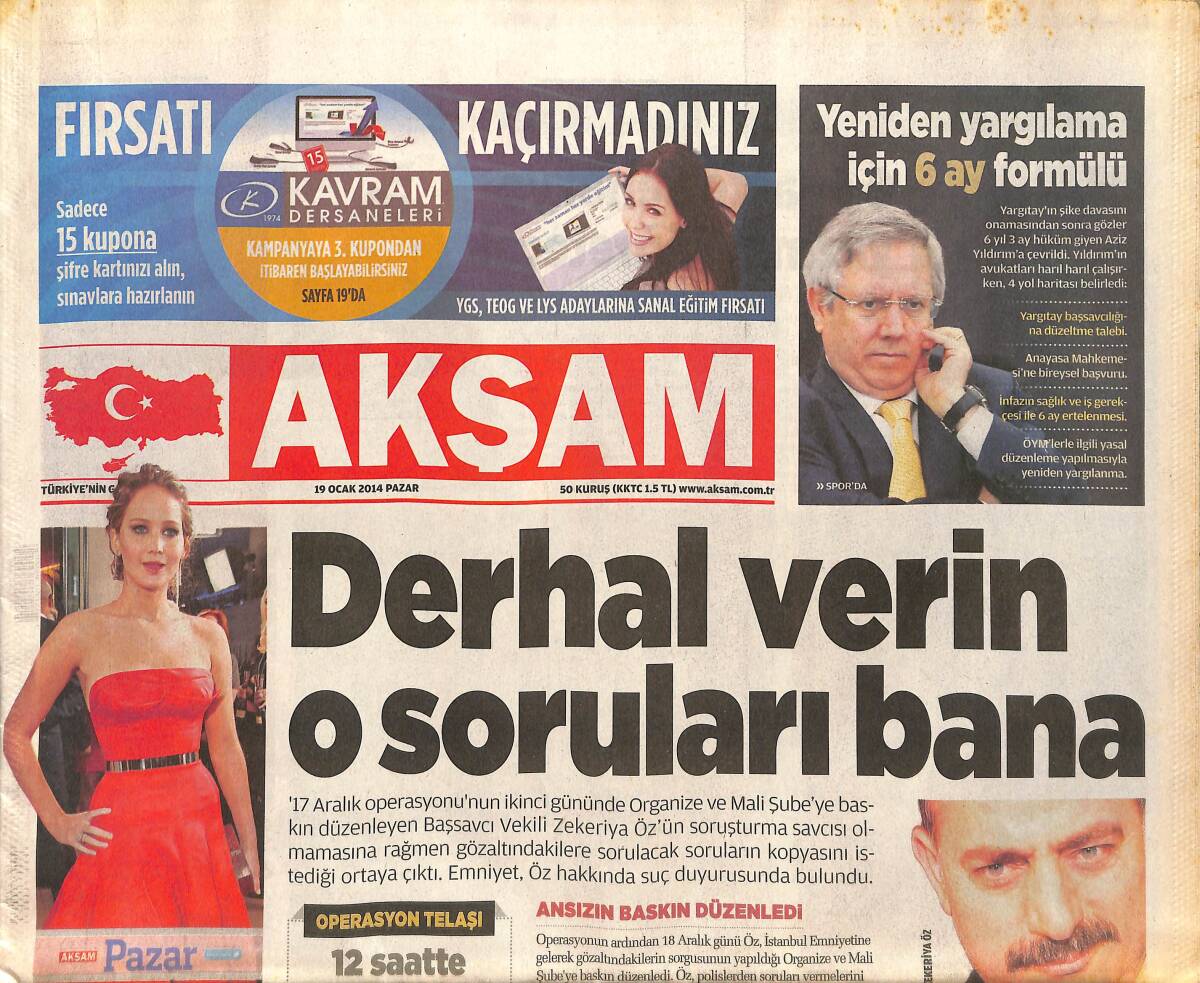 Akşam Gazetesi 19 Ocak 2014 - Aziz Yıldırım İçin 4 Formül - Holiganlara Karşı Stat Karakolları GZ136743 - 1
