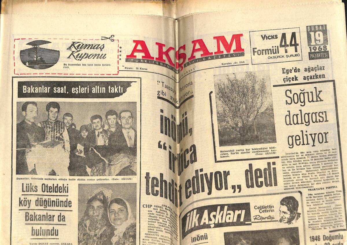Akşam Gazetesi 19 Şubat 1968 - Galatasaray'ı Kim Durduracak - İnönü: Kadın Erkeğin Yardımcısı Olmalıdır GZ148967 - 1