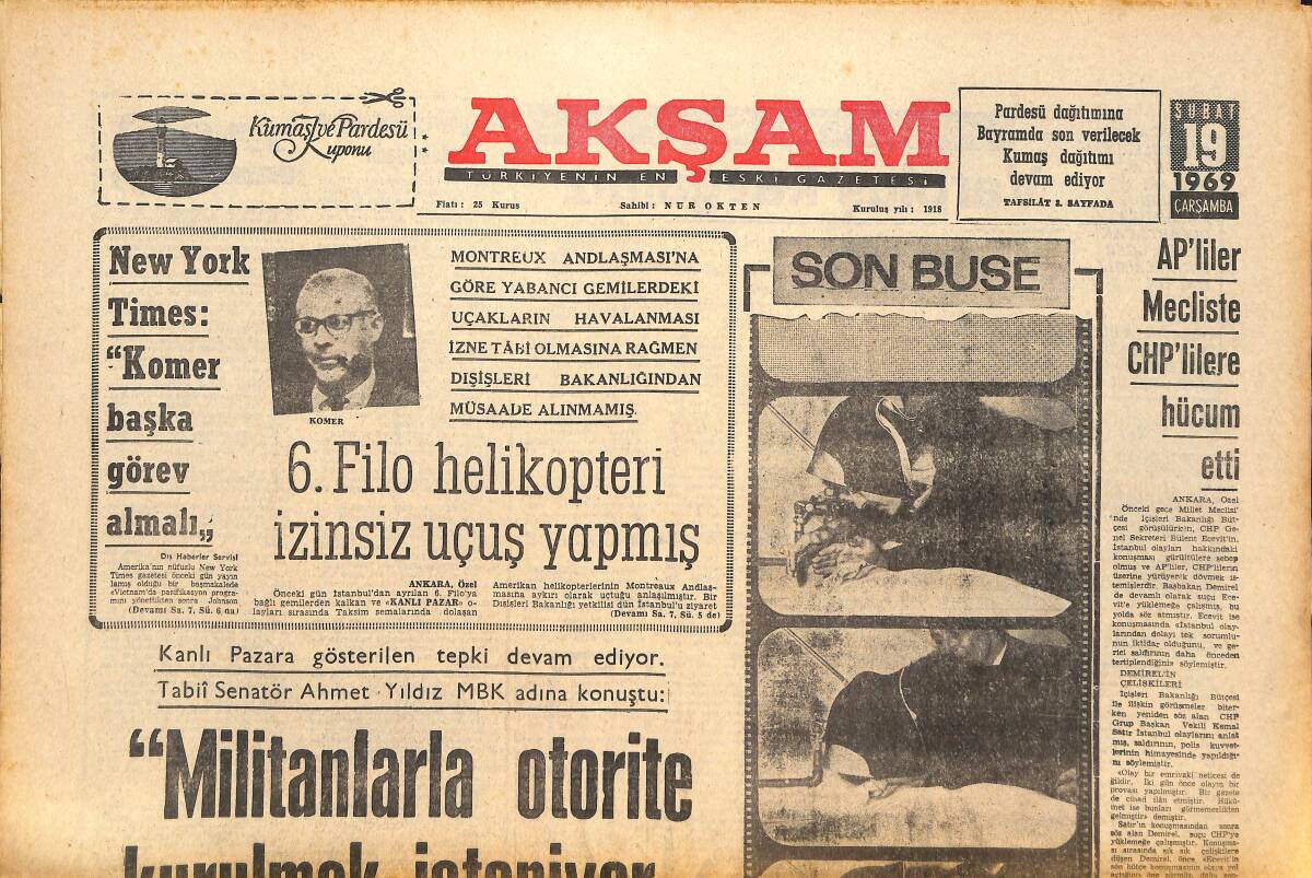 Akşam Gazetesi 19 Şubat 1969 - Militanlarla Otorite Kurulmak İsteniyor! - Kanlı Pazar'ın Bir Kurbanı Defnedildi! GZ143003 - 1
