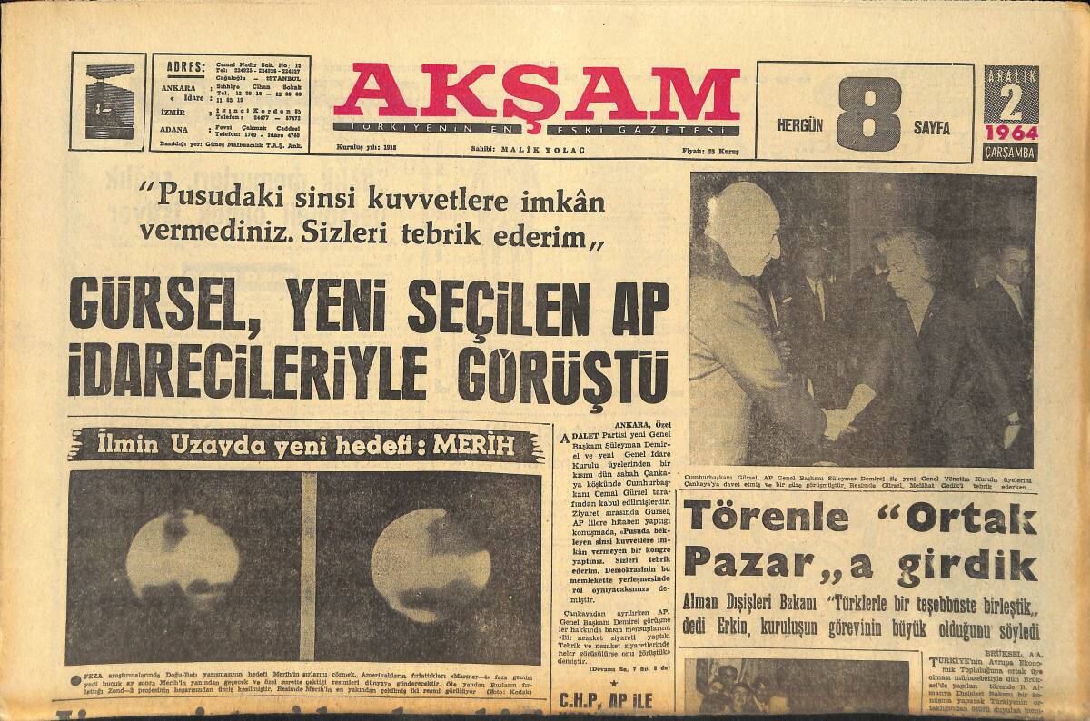 Akşam Gazetesi 2 Aralık 1964 - Gürsel , Yeni Seçilen AP İdarecileriyle Görüştü - Garbis Bu Gece J.Claud İle Dövüşüyor GZ145417 - 1