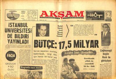 Akşam Gazetesi - 2 Aralık 1965 - Bütçe 17,5 Milyar GZ99808 - 1