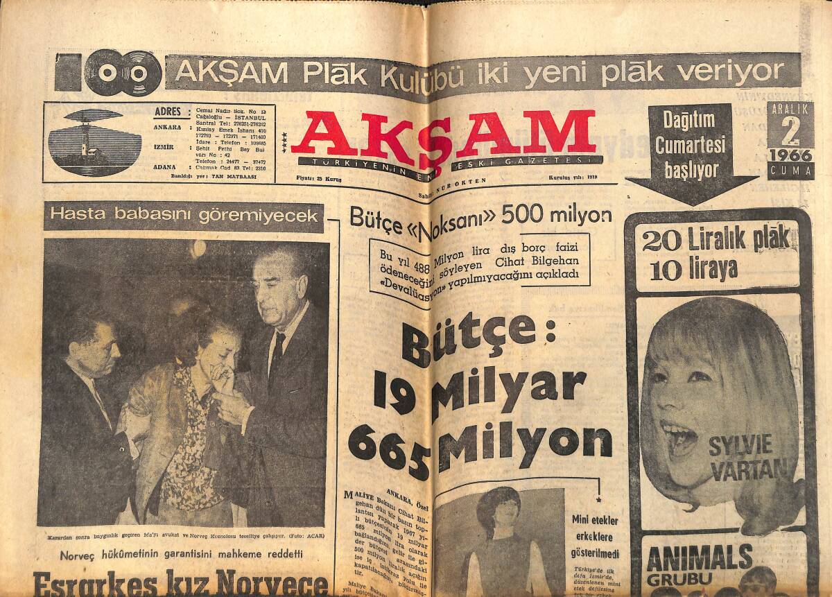 Akşam Gazetesi 2 Aralık 1966 - Sunay Tunus'a Uçakla Gitti - Bütçe Noksanı 500 Milyon GZ142911 - 1