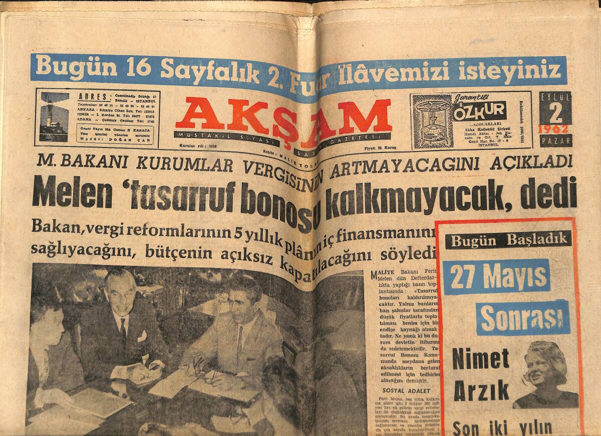 Akşam Gazetesi 2 Eylül 1962 - Sigara Satıcısıydı Twist Yıldızı Oldu - Doğudaki Asayişsizliğin Sebebi Kaçakçılık GZ148896 - 1