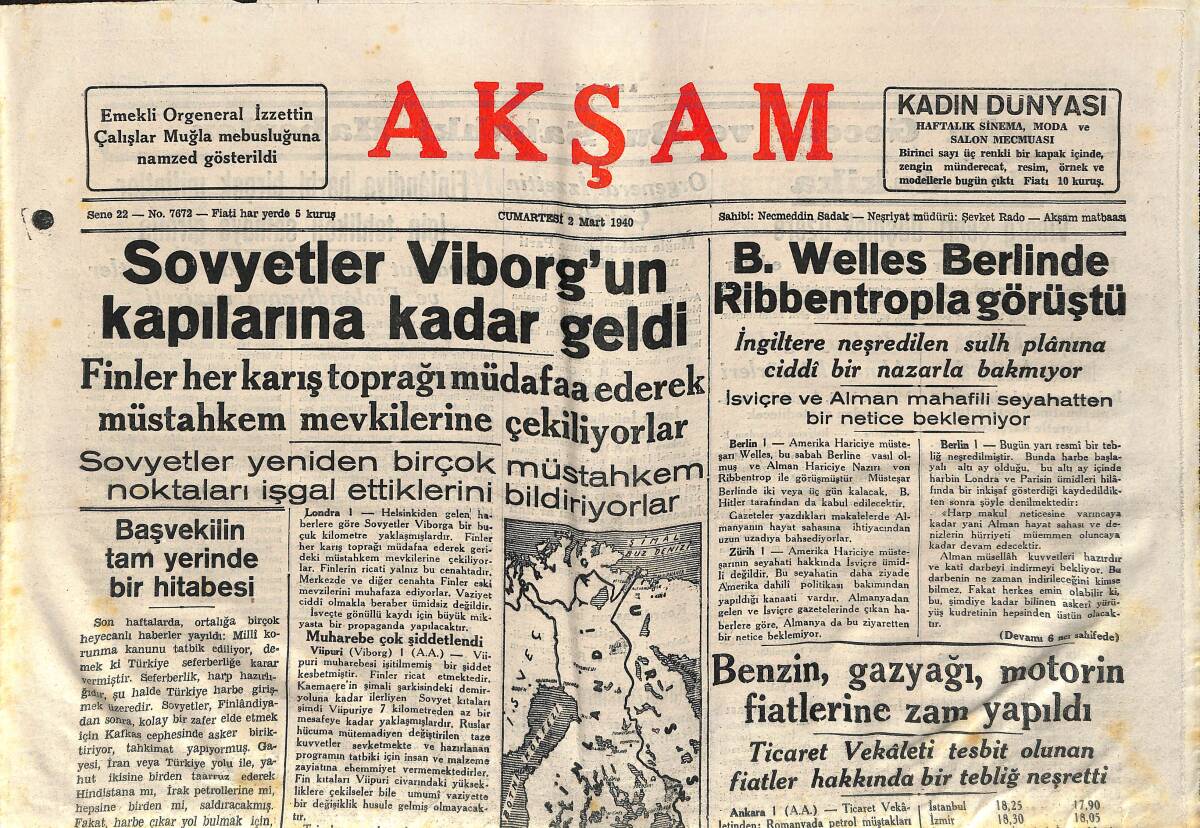 Akşam Gazetesi 2 Mart 1940 - Sovyetler Viborg'un Kapılarına Kadar Geldi - B. Welles Berlin'de Ribbentrop'la Görüştü GZ141224 - 1