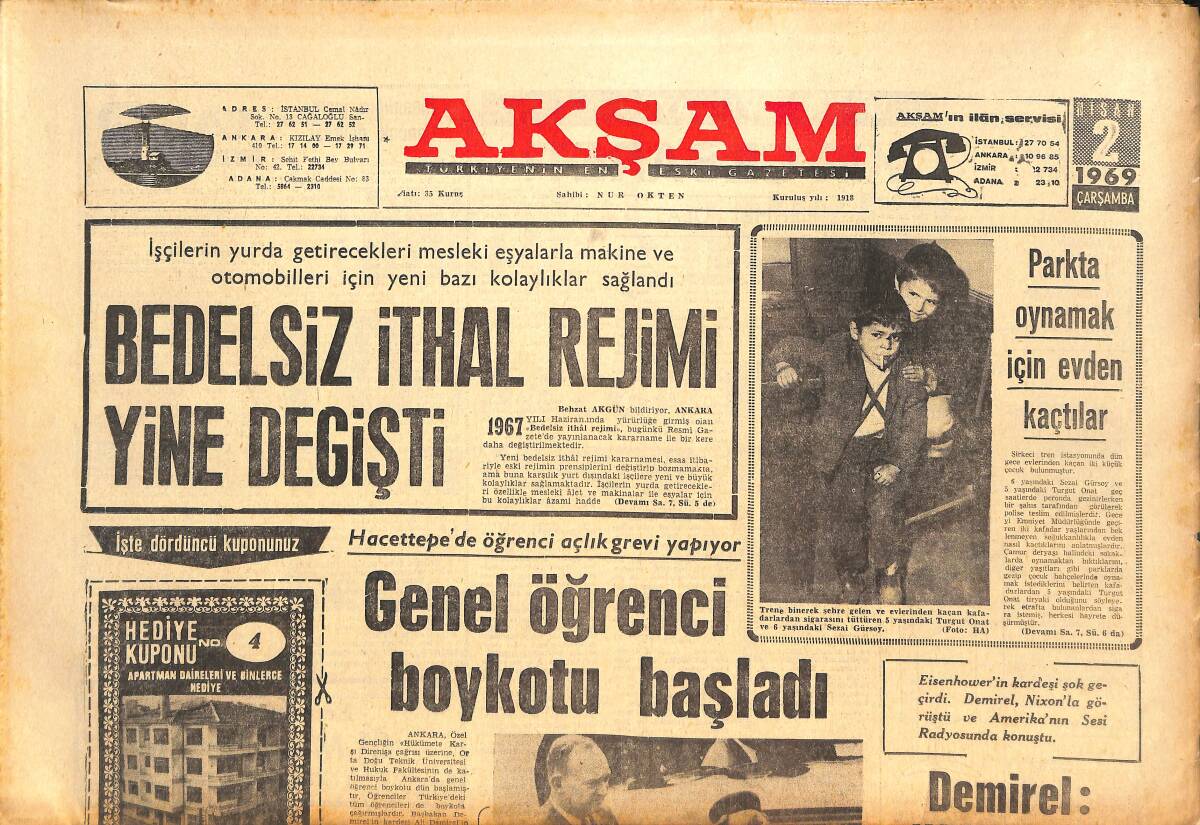Akşam Gazetesi 2 Nisan 1969 - Bedelsiz İthal Rejimi Yine Değişti - Fenerbahçe Romen Milli Takımı İle Oynuyor! GZ143508 - 1