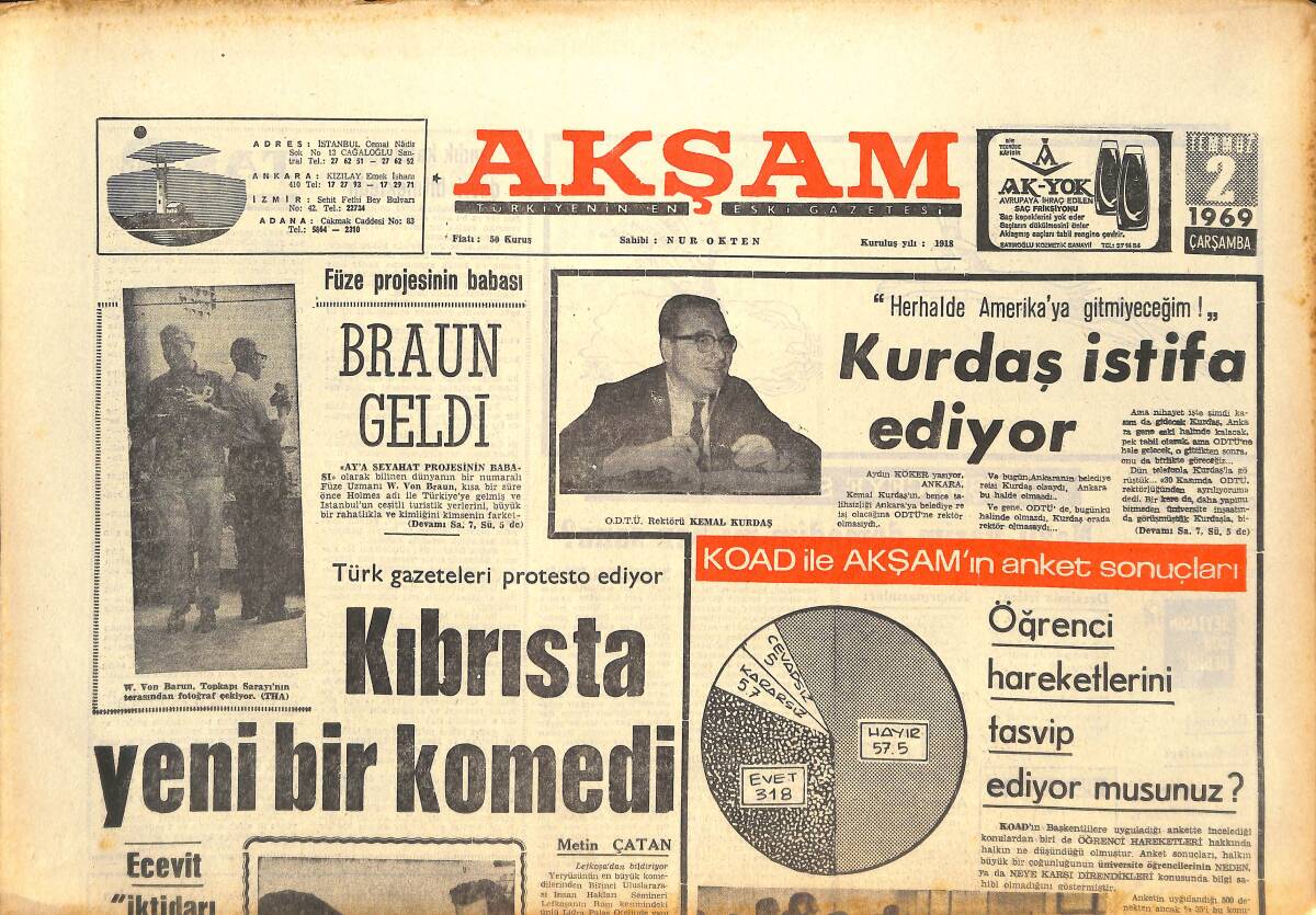 Akşam Gazetesi 2 Temmuz 1969 - Kıbrıs'ta Yeni bir Komedi - Galatasaray, Bilgin Ve Ekrem'i Aldı! GZ142620 - 1