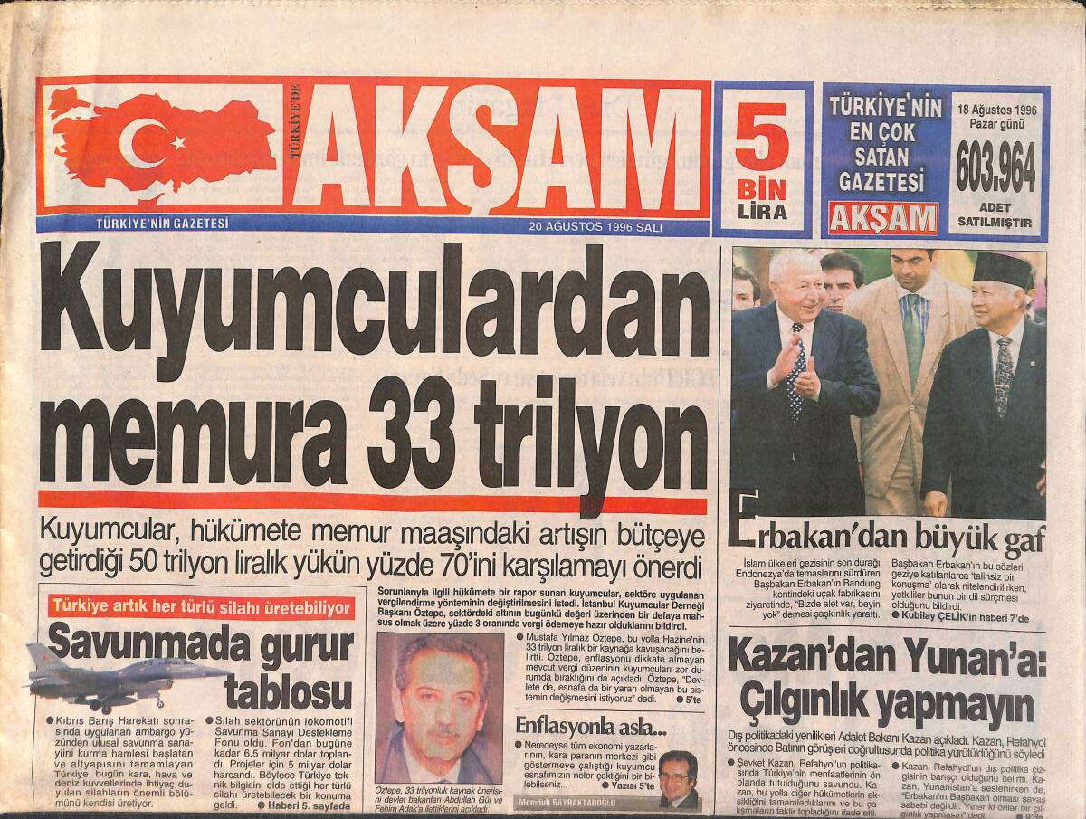 Akşam Gazetesi 20 Ağustos 1996 - Erbakan'dan Büyük Gaf - Çiller, Barzani'yi Uyardı GZ3762 - 1