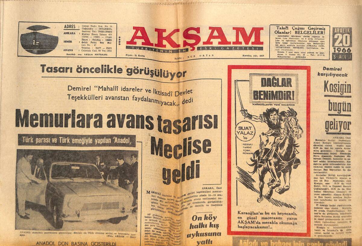Akşam Gazetesi 20 Aralık 1966 - Memurlara Avans Tasarısı Meclise Geldi - Futbolcu Anderon'un Kızı İstanbul'da Gece Kulübünde Çalışıyor! GZ146336 - 1