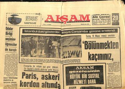 Akşam Gazetesi - 20 Mayıs 1968 - Sunay Bölünmekten Kaçınınız Dedi GZ99648 - 1