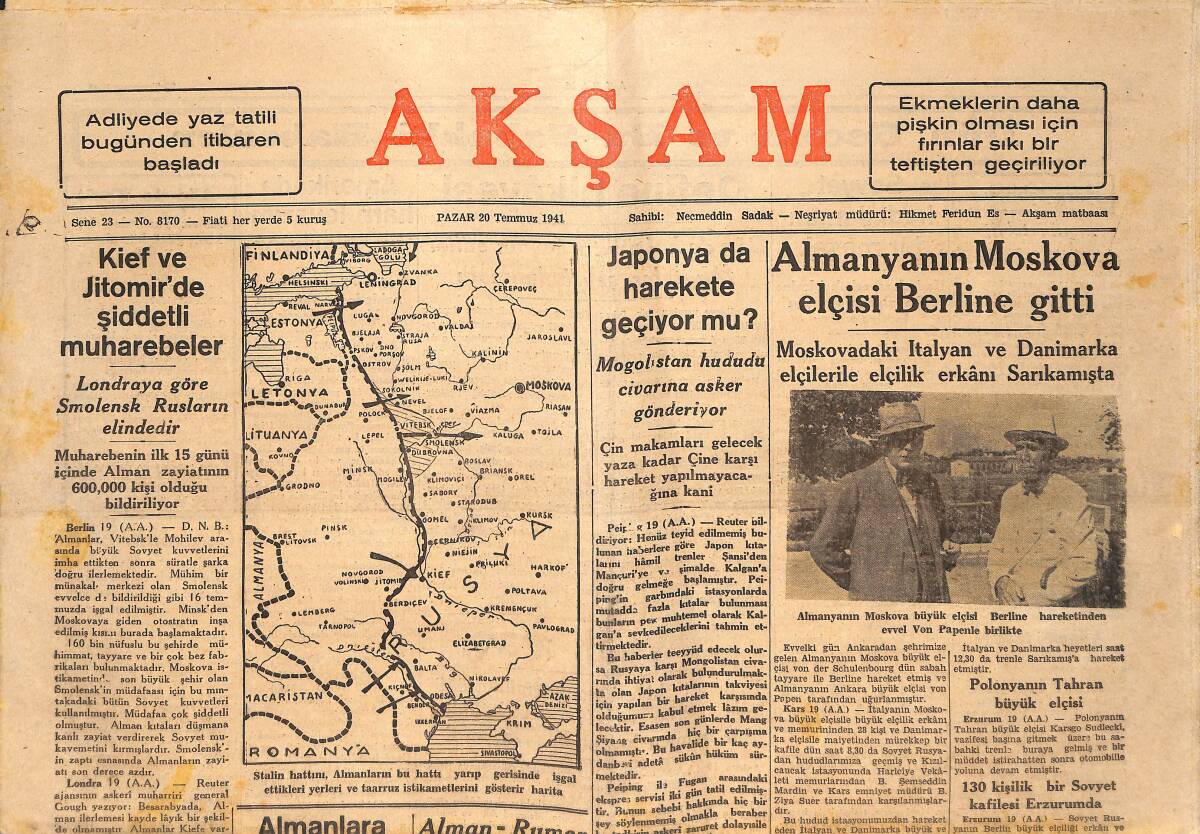 Akşam Gazetesi 20 Temmuz 1941 - Almanyanın Moskova Elçisi Berlin'e Gitti - Kief Ve Jitomir'de Şiddetli Muharebeler GZ146682 - 1
