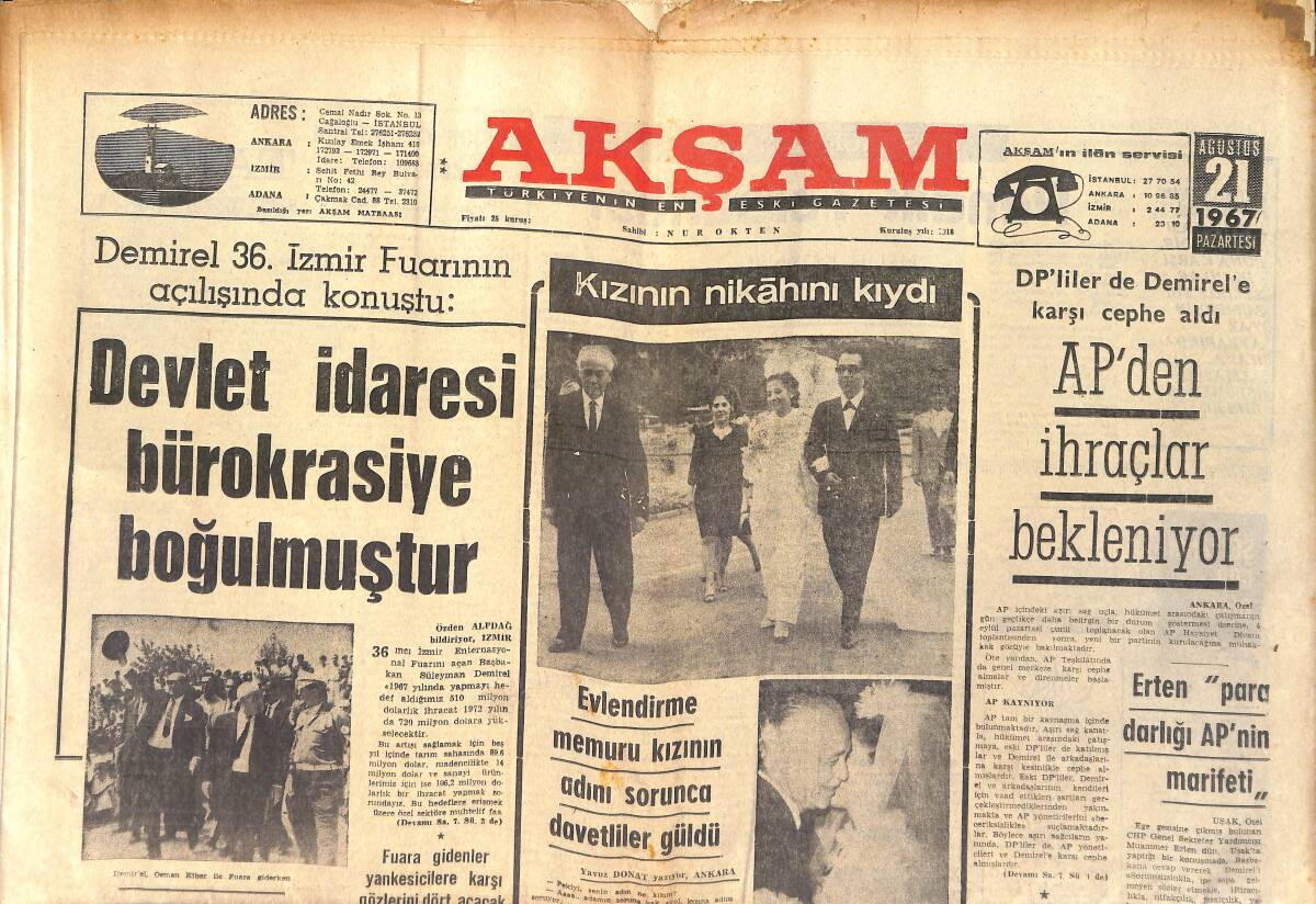 Akşam Gazetesi 21 Ağustos 1967 - Türkiye Kürek Şampiyonasını Galatasaray Aldı - Masonların Ankara Merkez Bankası Satıldı GZ154090 - 1