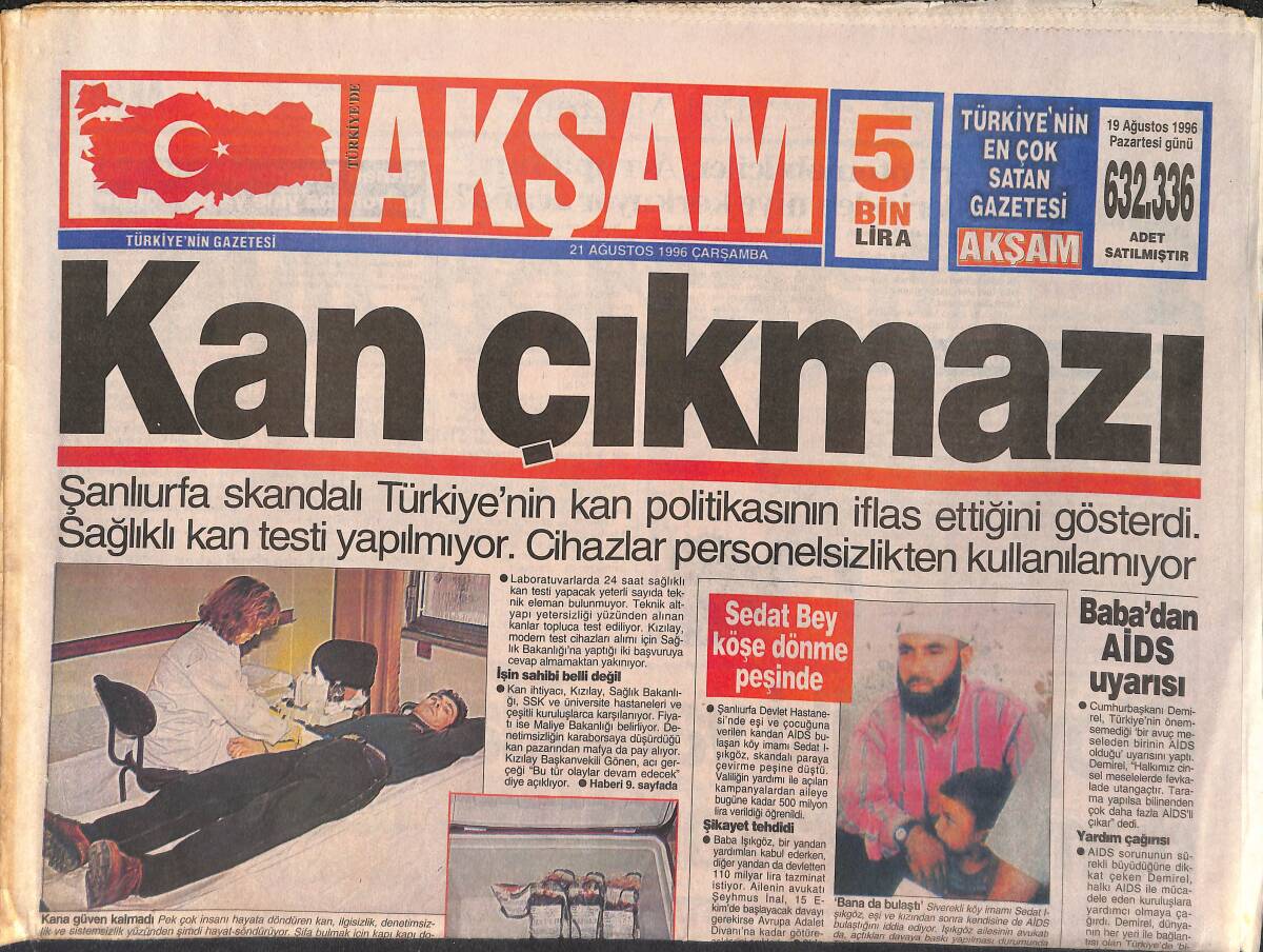 Akşam Gazetesi 21 Ağustos 1996 - Kürtler Boğaz Boğaza - Erbakan Kötü Ruhlardan Arındı GZ3822 - 1
