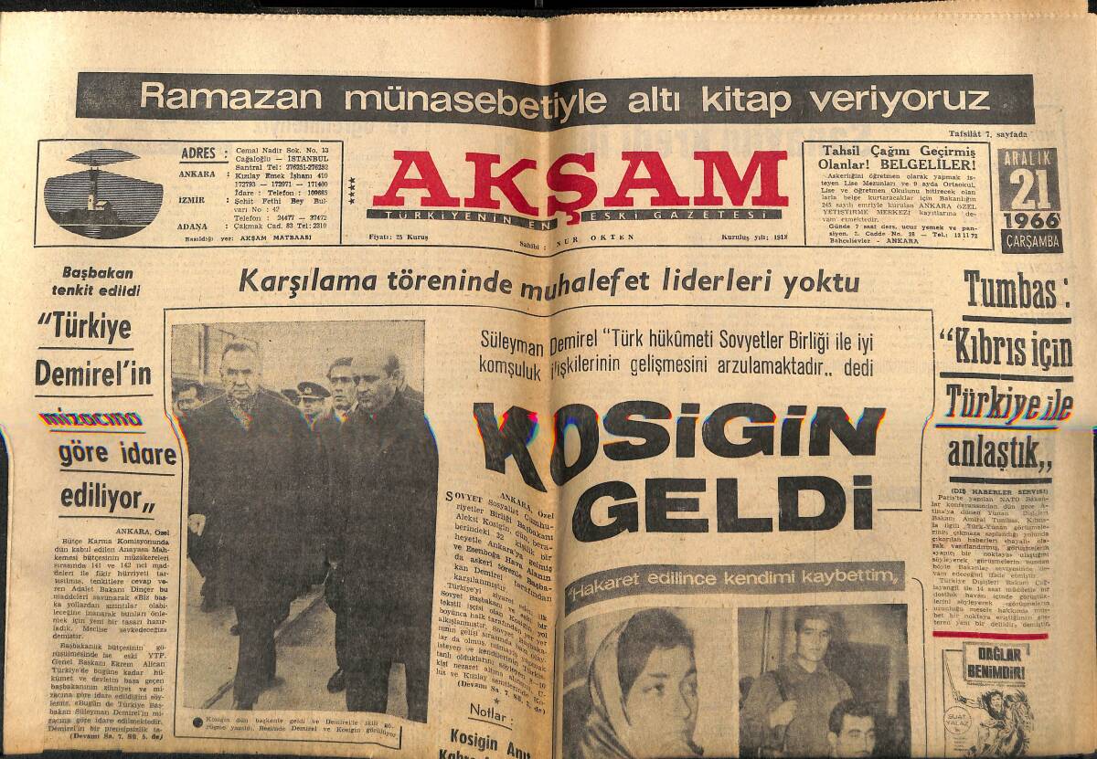 Akşam Gazetesi 21 Aralık 1966 - Türkiye Demirel'in Mizacına Göre İdare Ediliyor - Dick Tiger Clay'i De Döveceğini İddia Etti! GZ146003 - 1