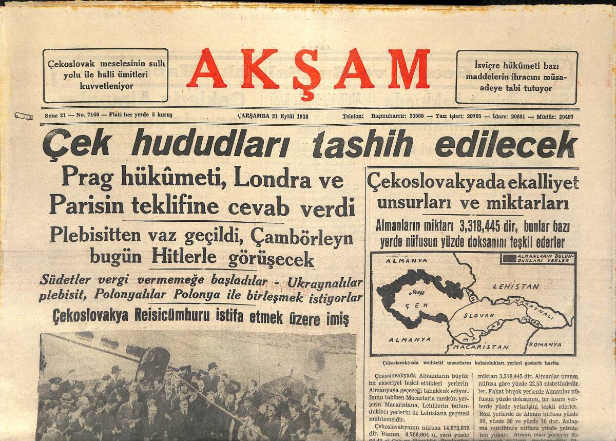 Akşam Gazetesi 21 Eylül 1938 - Çeklerle Almanlar Arasında Çarpışmalar - Çekoslovakya Reisicumhuru İstifa Etmek Üzere İmiş GZ146848 - 1