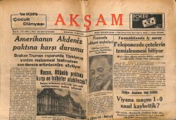 Akşam Gazetesi 21 Mart 1949 - Amerikanın Akdeniz Paktına Karşı Tutumu GZ71465 - 2