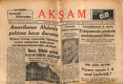 Akşam Gazetesi 21 Mart 1949 - Amerikanın Akdeniz Paktına Karşı Tutumu GZ71465 - 2