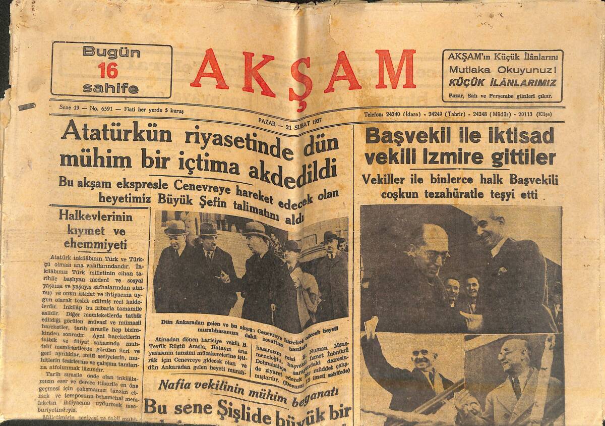 Akşam Gazetesi 21 Şubat 1937 - Atatürk'ün Riyasetinde Dün Mühim Bir İçtima Akdedildi - Başvekil İle İktisad Vekili İzmire Gittiler GZ141932 - 1