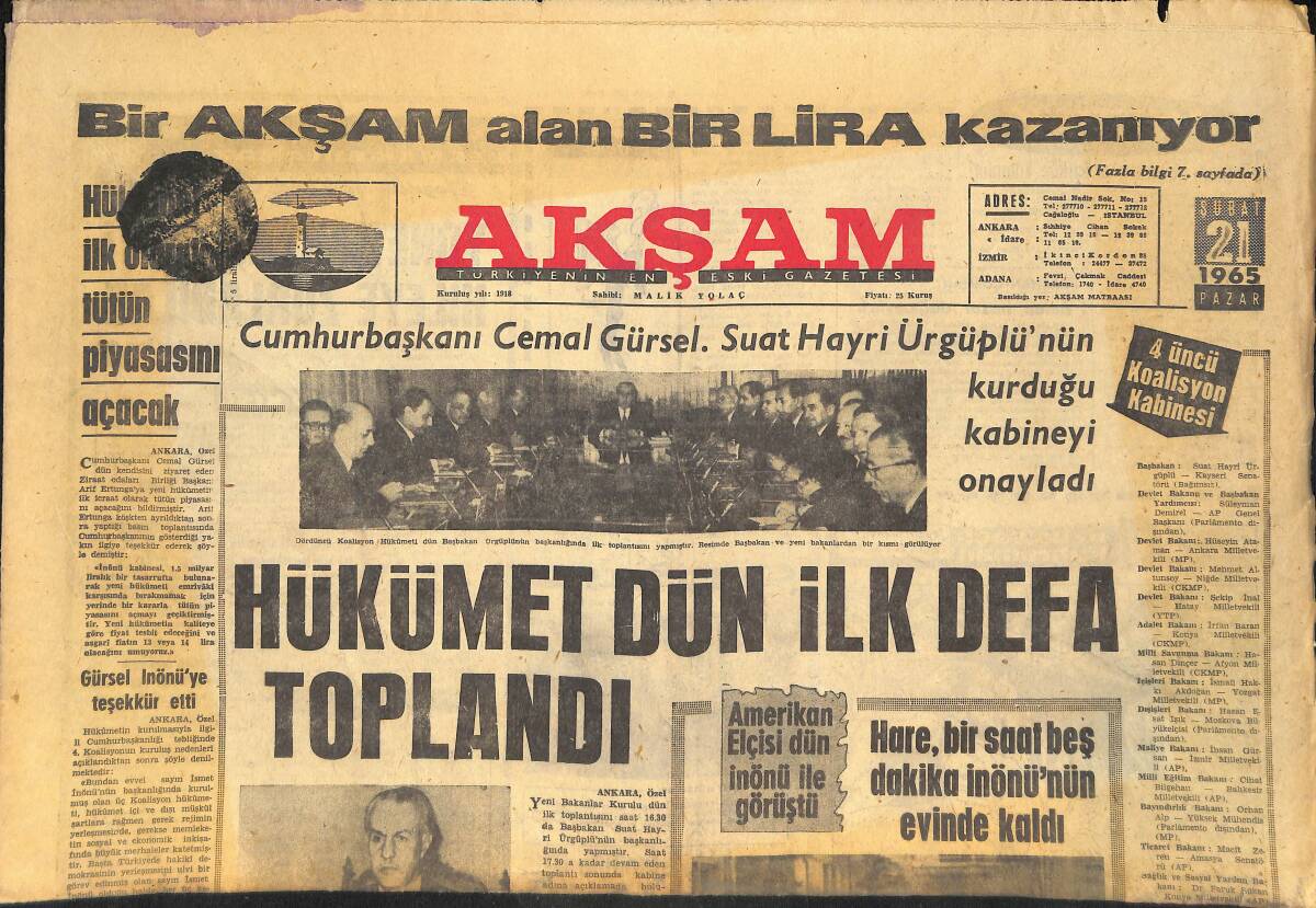 Akşam Gazetesi 21 Şubat 1965 - Hükümet Dün İlk Defa Toplandı - Patricia Neal Ölüm Döşeğinde GZ145419 - 1