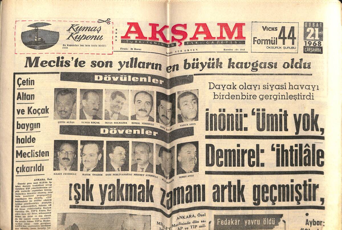 Akşam Gazetesi 21 Şubat 1968 - Meclis'te Son Yılların En Büyük Kavgası Oldu - Çağlayangil: İlk Aşkları GZ148912 - 1