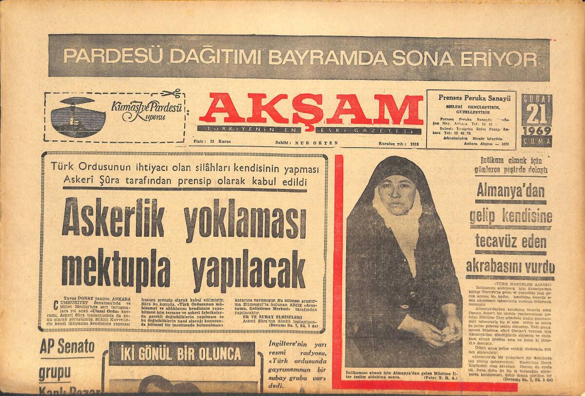Akşam Gazetesi 21 Şubat 1969 - BBC'YE Göre Demirel Müşkül Durumda - Cruyff, Benfica Defansına Kabus Oldu! GZ143045 - 1