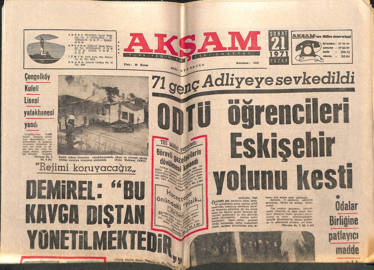 Akşam Gazetesi 21 Şubat 1971 - Münir Nurettin'in Son Konseri Mevlûd'a Benzedi - ODTÜ Öğrencileri Eskişehir Yolunu Kesti GZ143375 - 1