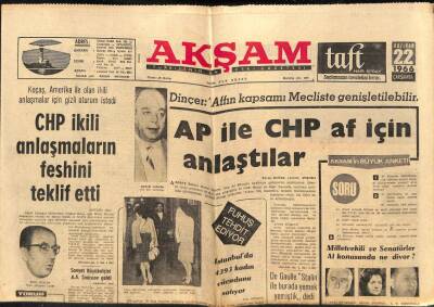 Akşam Gazetesi 22 Haziran 1966 - CHP İkili Anlaşmaların Feshini Teklif Etti GZ82314 - 1