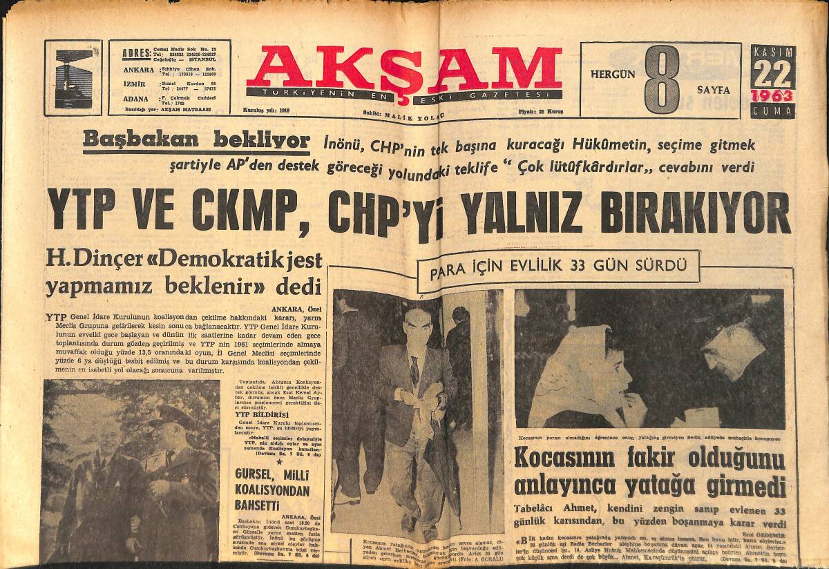Akşam Gazetesi 22 Kasım 1963 - H.Dinçer 