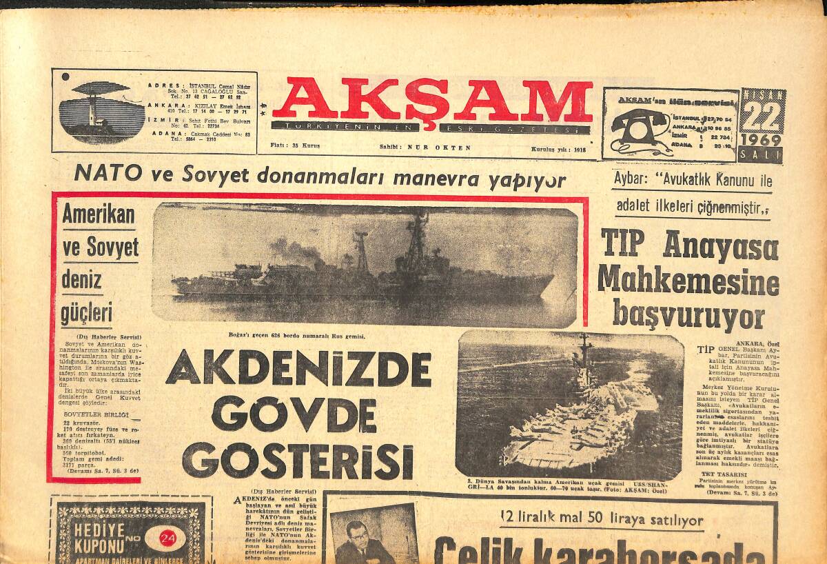 Akşam Gazetesi 22 Nisan 1969 - İnönü, Sunay'dan Demirel Hükümetini Uyarmasını İstedi! - G. Tepe Yarını Ümitle Bekliyor! GZ143498 - 1