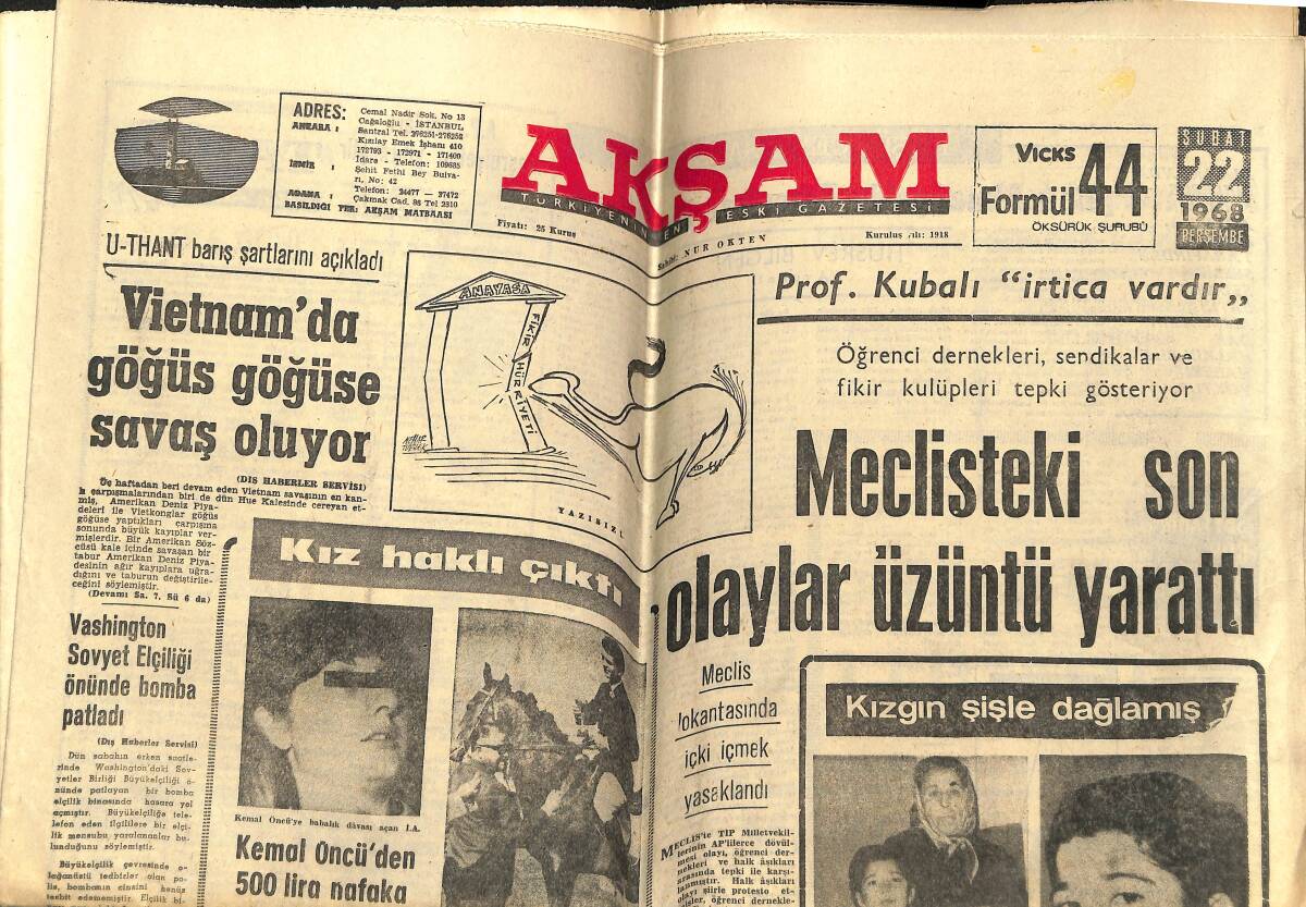 Akşam Gazetesi 22 Şubat 1968 - Yargıtay Başkanı Dilligil'in Rüşvet İddiasını Reddetti - Vietnam'da Göğüs Göğüse Savaş Oluyor GZ148842 - 1