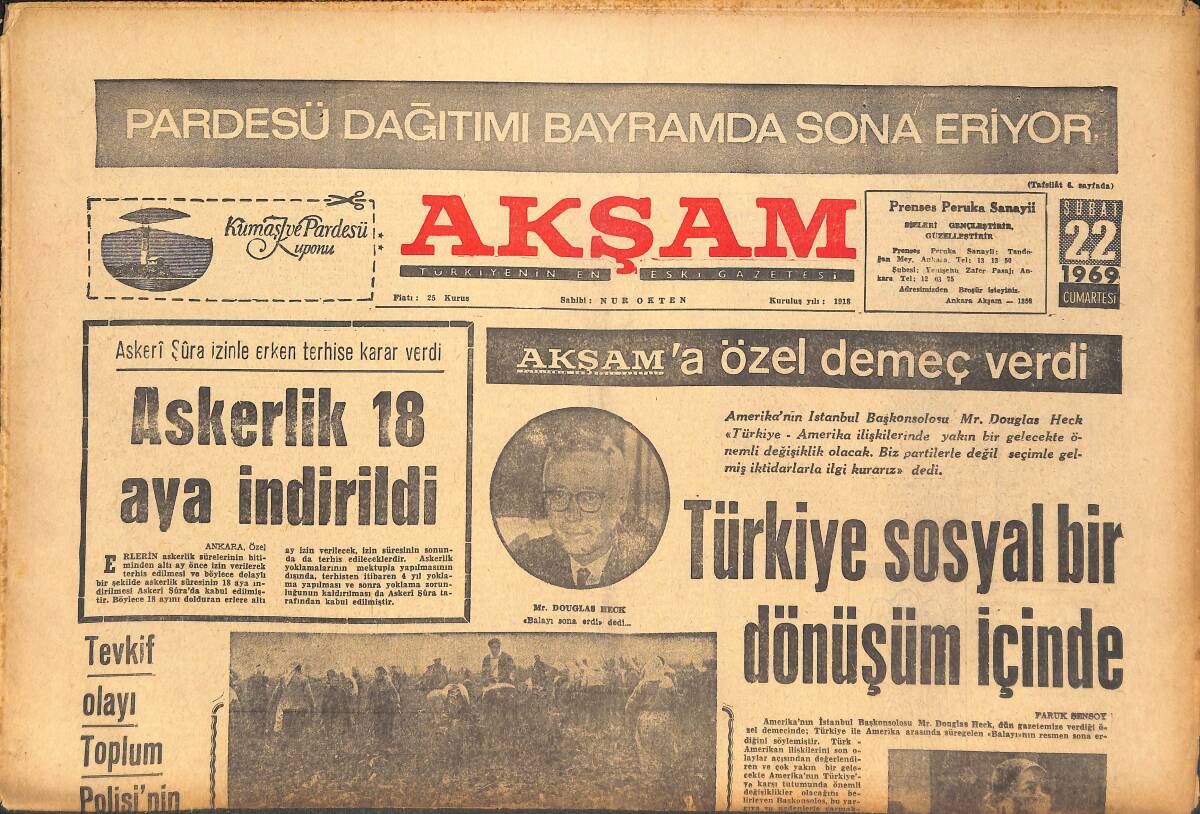 Akşam Gazetesi 22 Şubat 1969 - Askerlik 18 Ay'a İndirildi - Türkiye Sosyal Bir Dönüşüm İçinde - Gazanfer Bilge Teslim Oldu! GZ143044 - 1