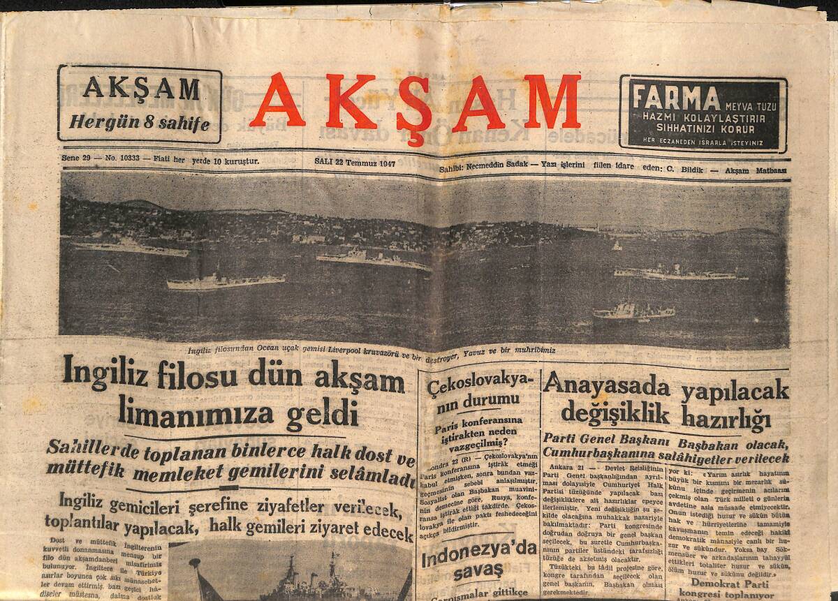 Akşam Gazetesi 22 Temmuz 1947 - İngiliz Filosu Dün Akşam Limanımıza Geldi - Fransız Güzellik Kraliçesi Annie Verriere GZ146607 - 1