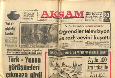 Akşam Gazetesi 23 Mayıs 1968 - Türk-Yunan Görüşmeleri Çıkmaza Girdi GZ87846 - 1
