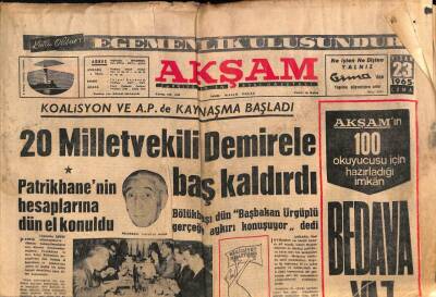 Akşam Gazetesi 23 Nisan 1965 - Türkiye , Avrupa Ortak Parlamentosuna Girdi - Patrikhanenin Hesaplarına El Konuldu GZ92328 - 1