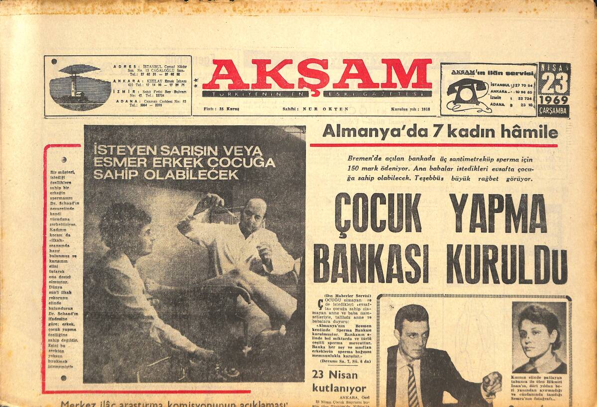 Akşam Gazetesi 23 Nisan 1969 - Çocuk Yapma Bankası Kuruldu - Şehir Tiyatrosu Grevi GZ143497 - 1