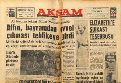 Akşam Gazetesi 23 Şubat 1963 - Elizabethe Suikast Teşebbüsü GZ97772 - 1