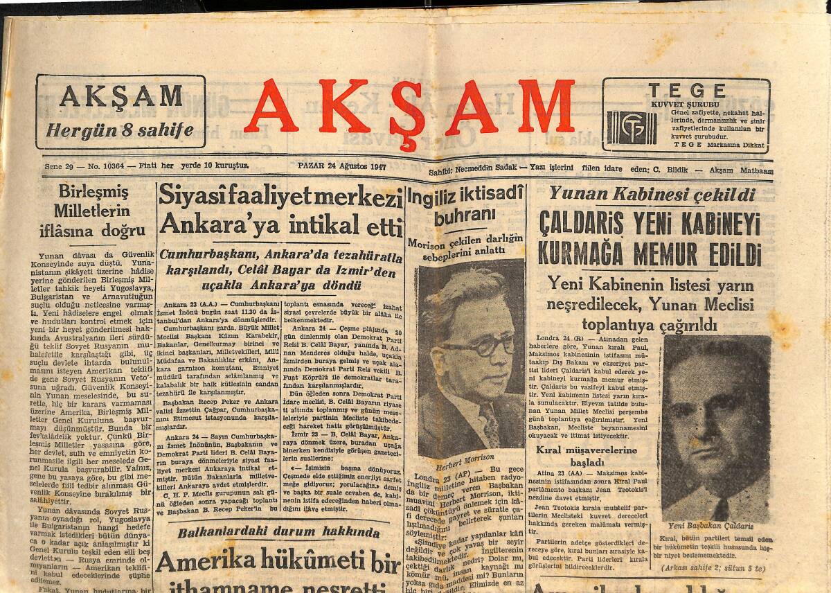 Akşam Gazetesi 24 Ağustos 1947 - Birleşmiş Milletlerin İflasına Doğru - 400 Sene Önceki Kadınlar Nasıl Giyiniyordu GZ146649 - 1