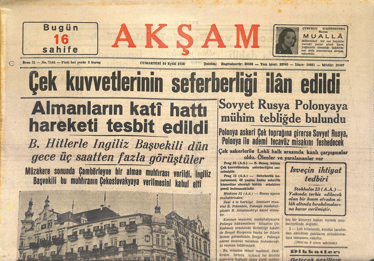 Akşam Gazetesi 24 Eylül 1938 - Çek Kuvvetlerinin Seferberliği İlan Edildi - Üç Asır Evvel Ve Şimdi Uludağ'da Gezinti GZ146849 - 1